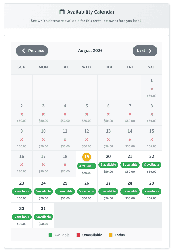 Smart Rentals enable availability calendar
