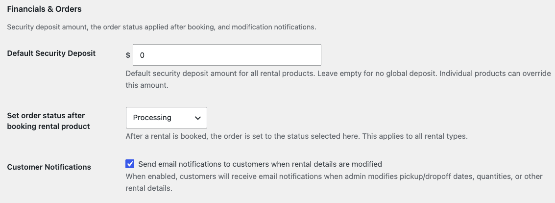 Smart Rentals - Financials and Orders settings