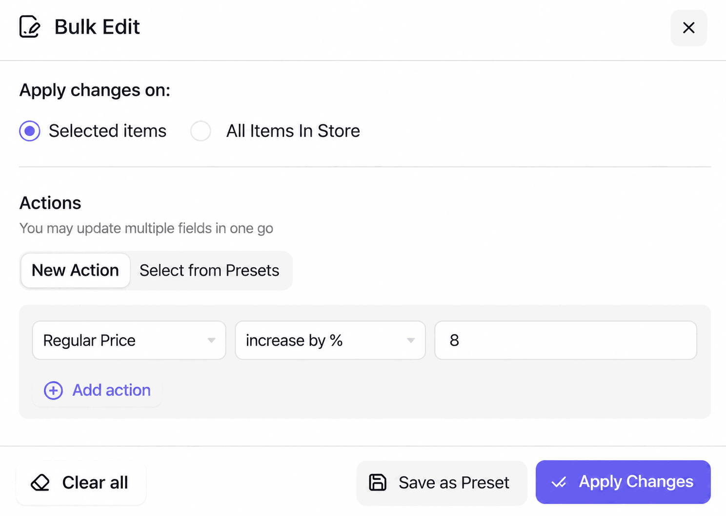Smart Manager bulk edit modal configuring percentage price increase